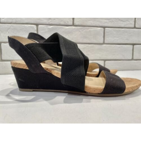 Bandolino Size 7 Open Cork Toe Elastic Strap Wedge Sandal Black - Picture 3 of 11